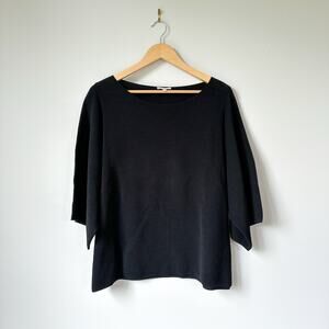 Lafayette 148 New York Ribbed Round Neck 3/4 Sleeve Pullover Sweater Black L